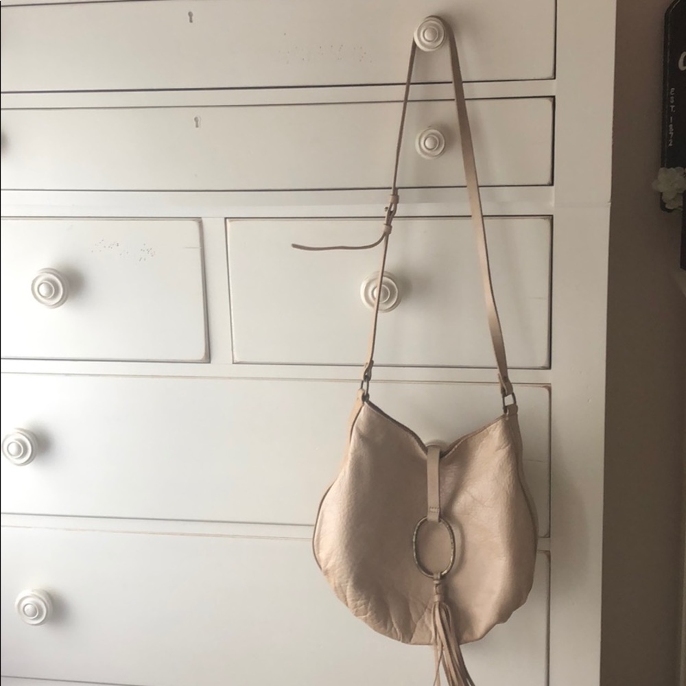 Sand colored leather Lucky Brand cross-body purse